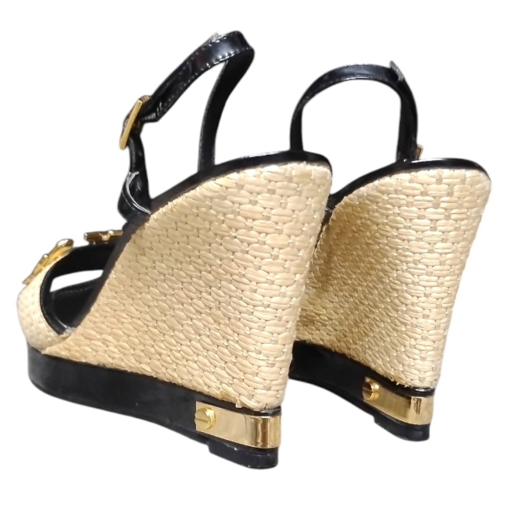 TORY BURCH | Patent Leather Espadrille Wedge Sandals | Black Tan | US 9 - Picture 7 of 9